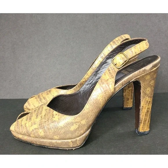 Stuart Weitzman Tan Textured Leather Slingback Peep Toe Heels Size 8W EUC - Picture 3 of 8